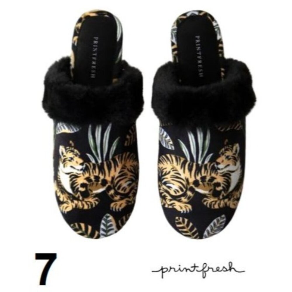 WOMENS PRINTFRESH UNTAMED TIGER VELVET FAUX FUR SLIPPERS - SIZE 7 - BLACK/GOLD I